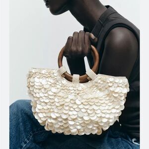 Zara Cream Sequin-Style Tote with Wood Handles
